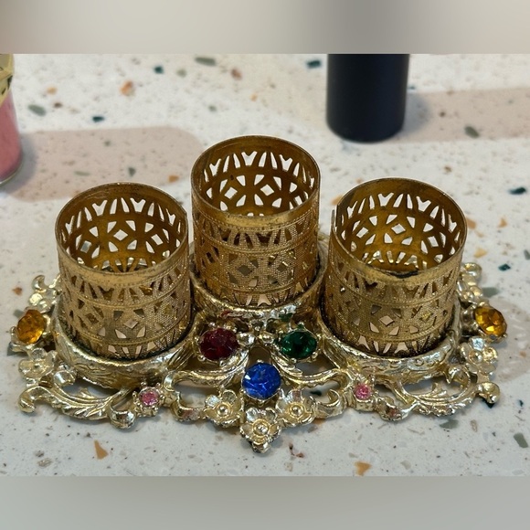 Vintage Gold Metal with Crystals‎ Trio Lipstick Holder or Brush Holder - Picture 4 of 13